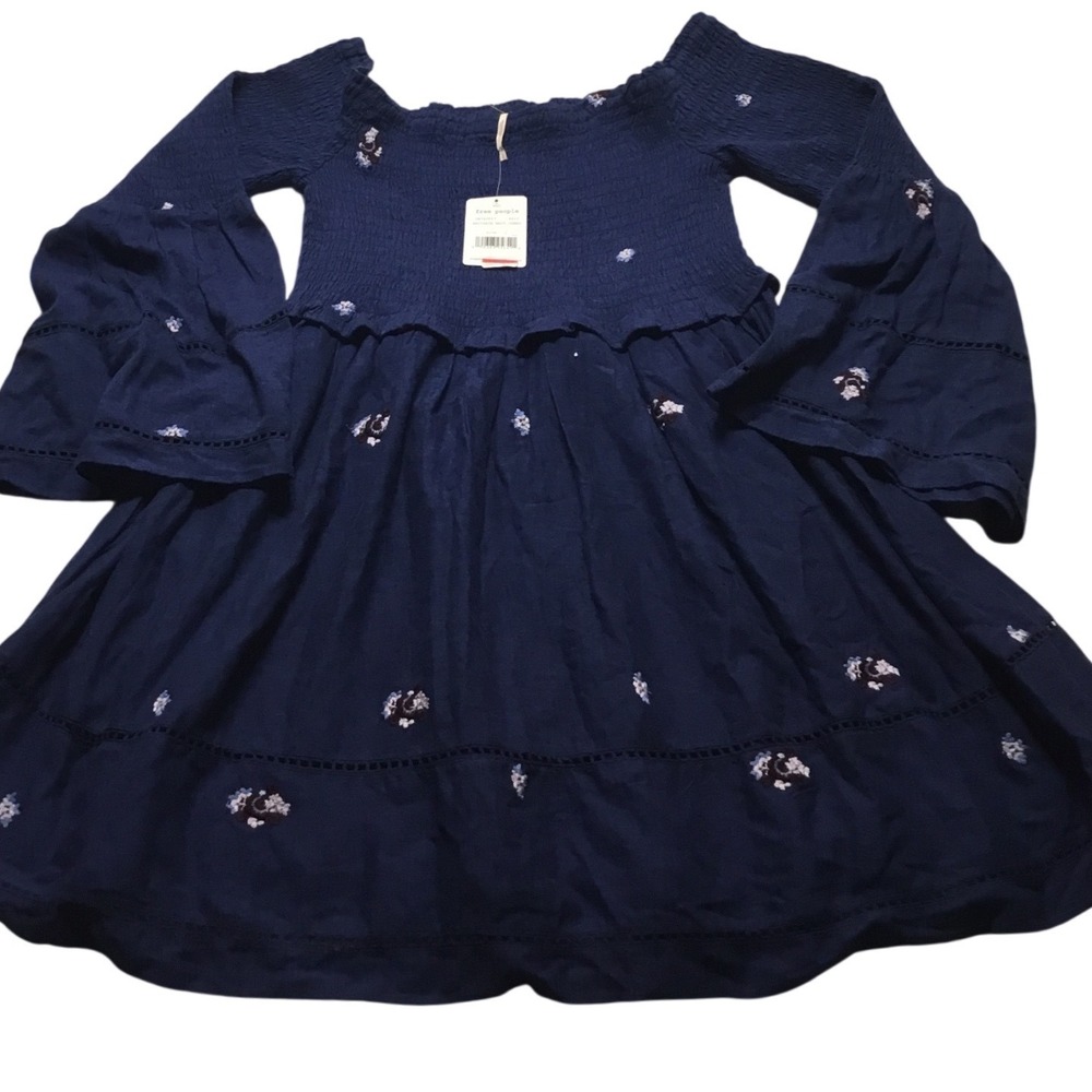 Free‎ People Navigate Navy Combo Embroidered Smocked Off Shoulder Dress Size L